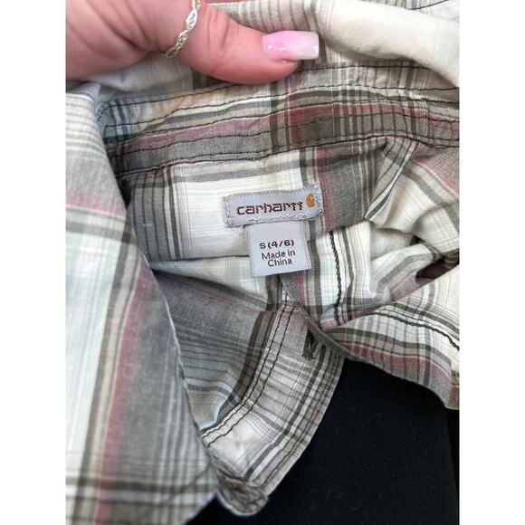 Carhartt women's button down plaid western cowgirl Rodeo cream/brown SZ SM 4/6 - Picture 4 of 8